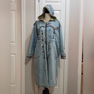Vintage Embroidered Denim Hoodie Western Jean Jacket LARGE